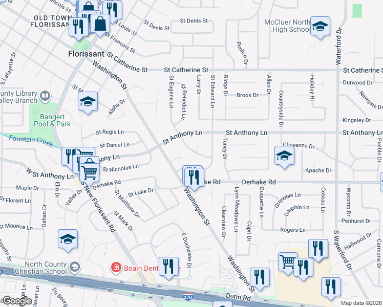 map of restaurants, bars, coffee shops, grocery stores, and more near 355 Saint Eugene Lane in Florissant