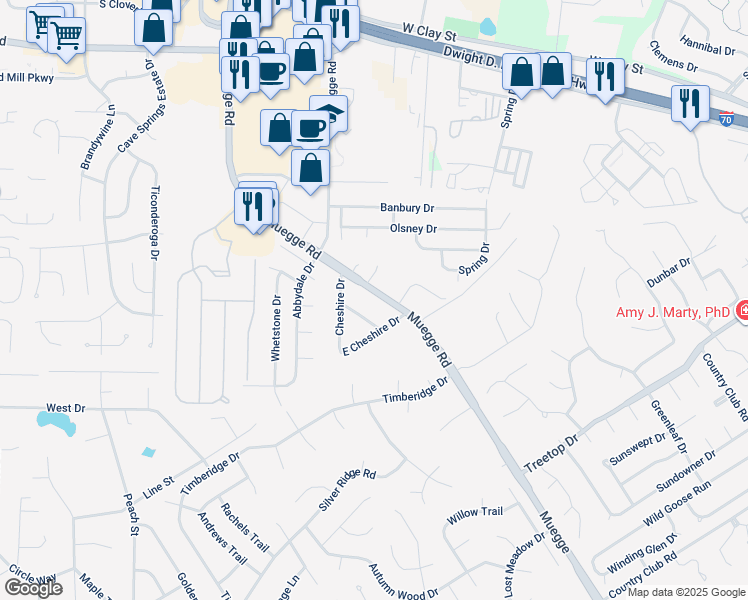map of restaurants, bars, coffee shops, grocery stores, and more near 2411 Muegge Road in Saint Charles
