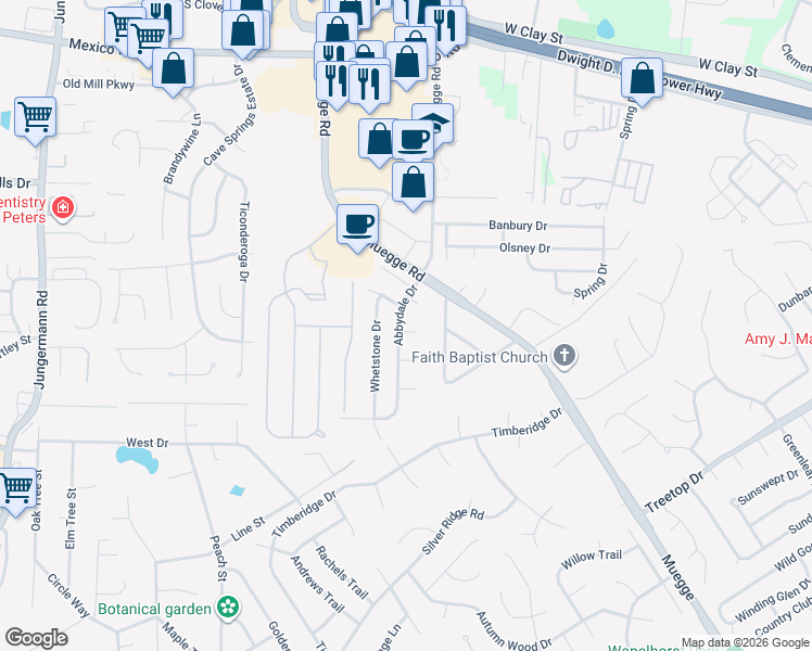 map of restaurants, bars, coffee shops, grocery stores, and more near 2527 Abbydale Drive in Saint Charles