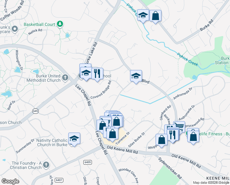map of restaurants, bars, coffee shops, grocery stores, and more near 9512 Vandola Court in Burke