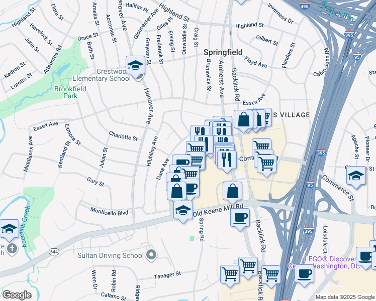 map of restaurants, bars, coffee shops, grocery stores, and more near 7200 Commerce Street in Springfield