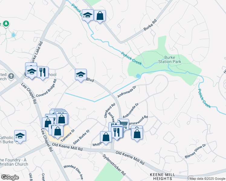 map of restaurants, bars, coffee shops, grocery stores, and more near 6161 Hatches Court in Burke