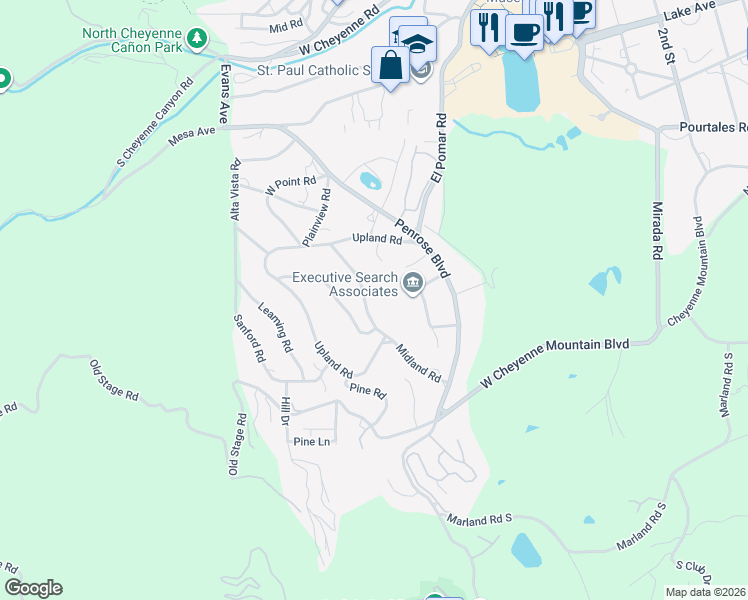 map of restaurants, bars, coffee shops, grocery stores, and more near 11 Midland Road in Colorado Springs