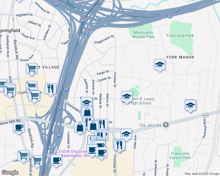 map of restaurants, bars, coffee shops, grocery stores, and more near 6209 Alamo Street in Springfield