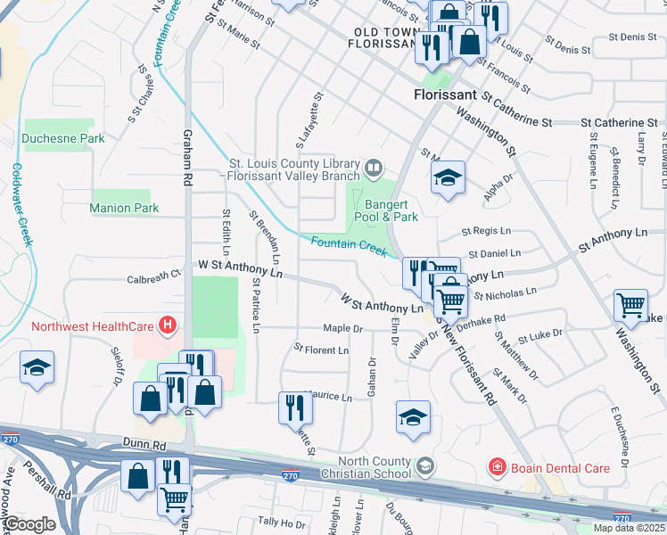 map of restaurants, bars, coffee shops, grocery stores, and more near 195 West Saint Anthony Lane in Florissant