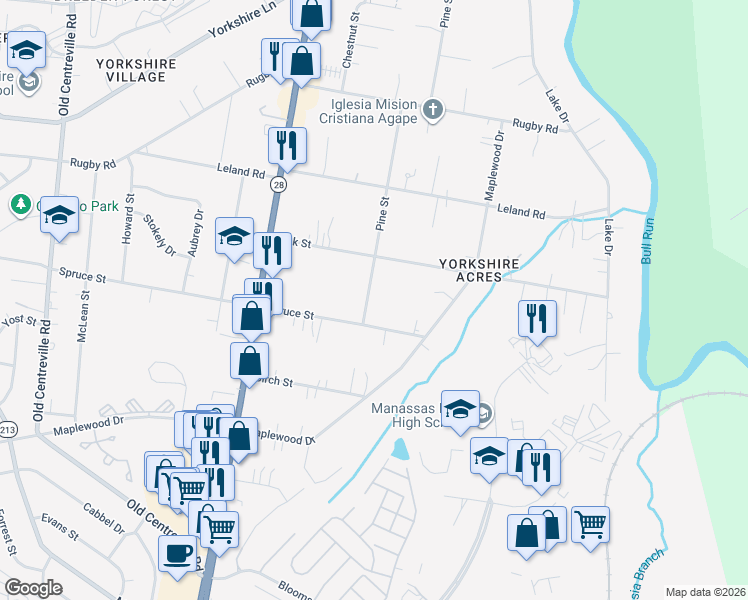 map of restaurants, bars, coffee shops, grocery stores, and more near 7903 Pine Street in Manassas