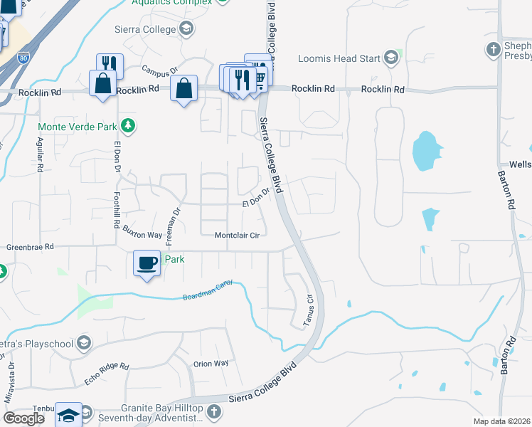 map of restaurants, bars, coffee shops, grocery stores, and more near 5658 Montclair Circle in Rocklin