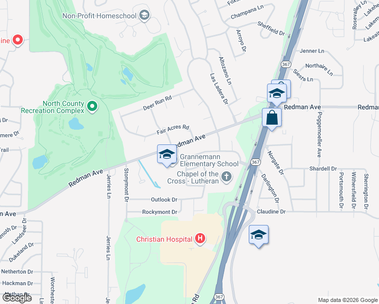 map of restaurants, bars, coffee shops, grocery stores, and more near 2229 Rountree Drive in St. Louis