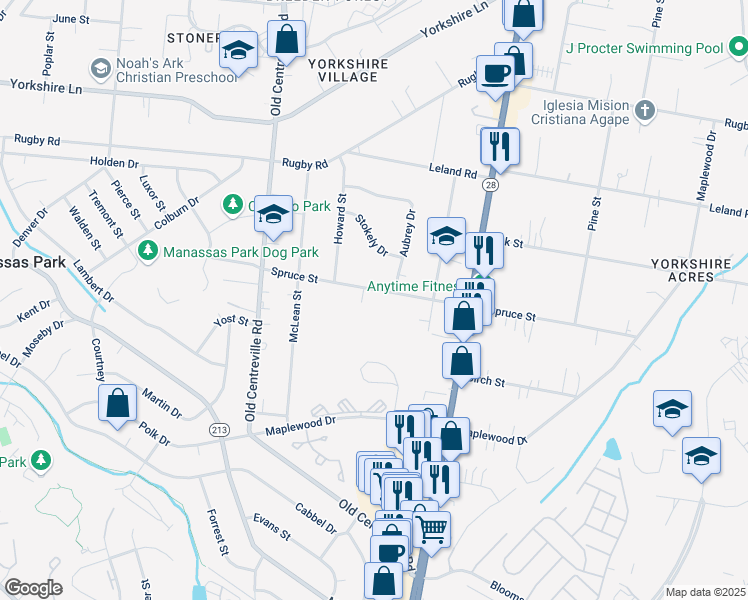 map of restaurants, bars, coffee shops, grocery stores, and more near 8505 Spruce Street in Manassas