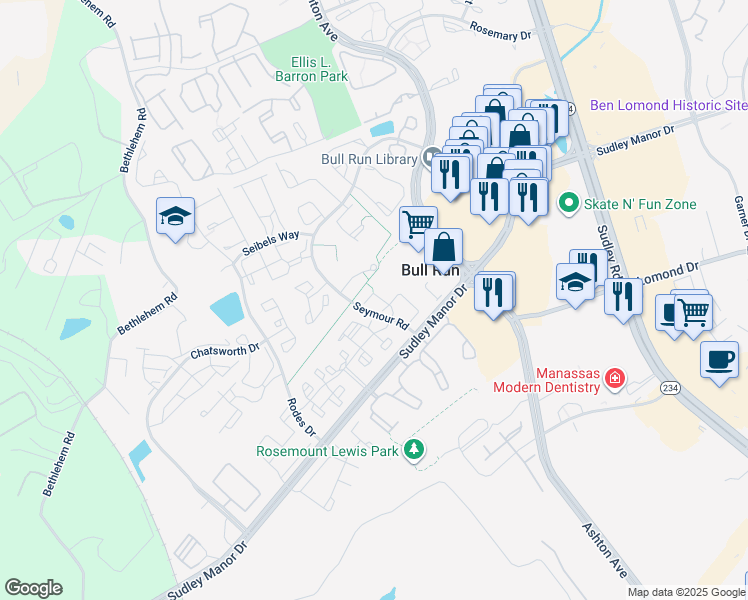 map of restaurants, bars, coffee shops, grocery stores, and more near 10937 Mission Ridge Drive in Manassas