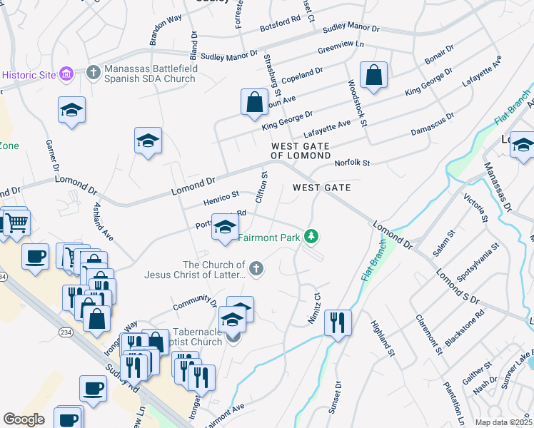 map of restaurants, bars, coffee shops, grocery stores, and more near 9918 Portsmouth Road in Manassas
