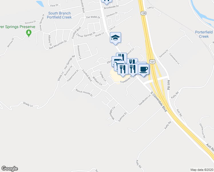map of restaurants, bars, coffee shops, grocery stores, and more near 143 William Circle in Cloverdale