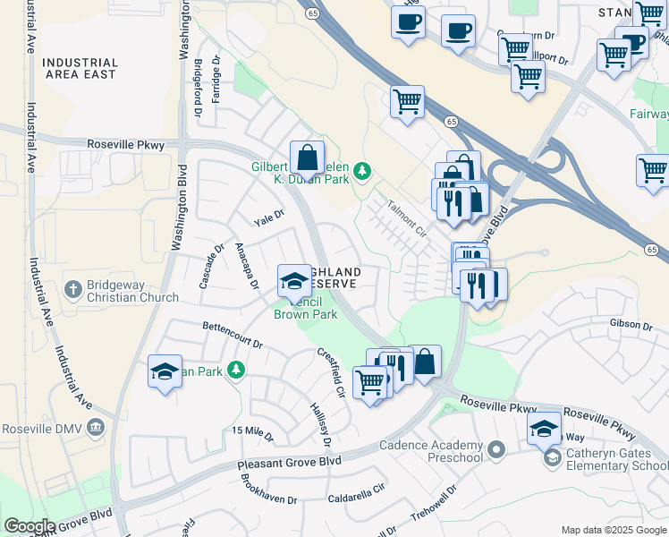 map of restaurants, bars, coffee shops, grocery stores, and more near 101 Clydesdale Way in Roseville