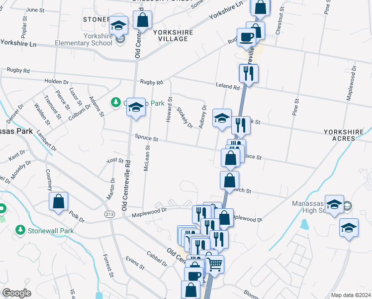 map of restaurants, bars, coffee shops, grocery stores, and more near 8505 Spruce Street in Manassas