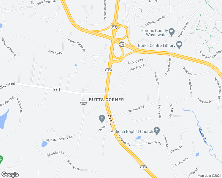 map of restaurants, bars, coffee shops, grocery stores, and more near 6330 Little Ox Road in Fairfax Station