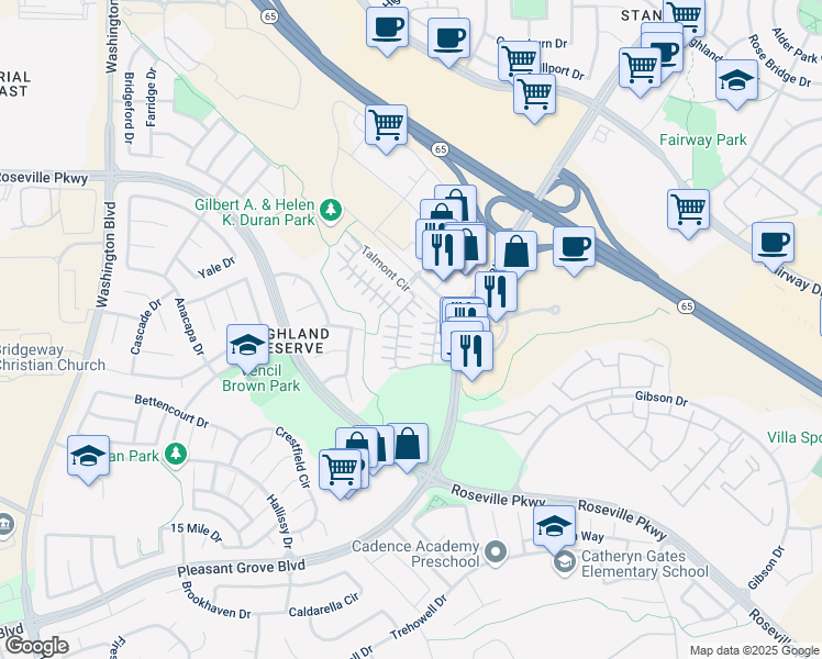 map of restaurants, bars, coffee shops, grocery stores, and more near 37 Villa Gardens Court in Roseville