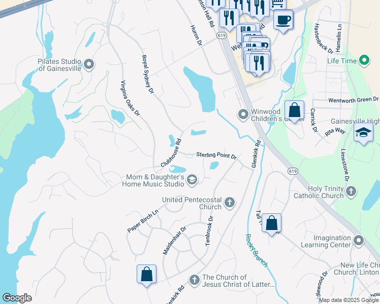 map of restaurants, bars, coffee shops, grocery stores, and more near 14064 Sterling Point Drive in Gainesville