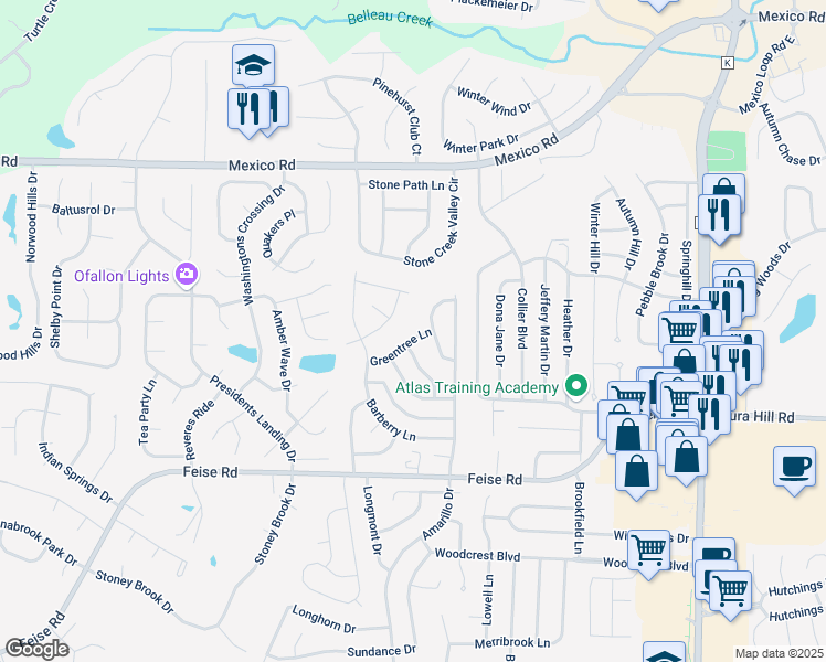 map of restaurants, bars, coffee shops, grocery stores, and more near 23 Greentree Lane in O'Fallon
