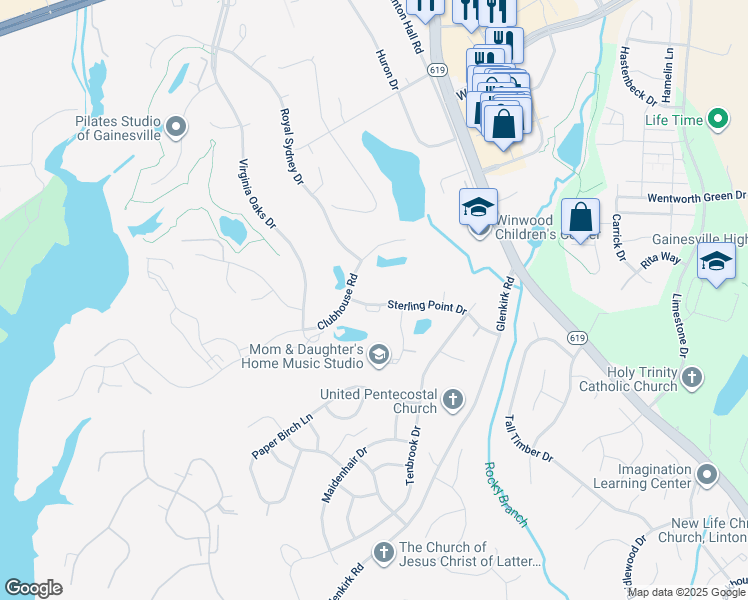 map of restaurants, bars, coffee shops, grocery stores, and more near 14064 Sterling Point Drive in Gainesville