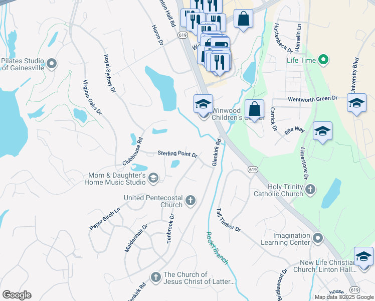 map of restaurants, bars, coffee shops, grocery stores, and more near 14002 Sterling Point Drive in Gainesville