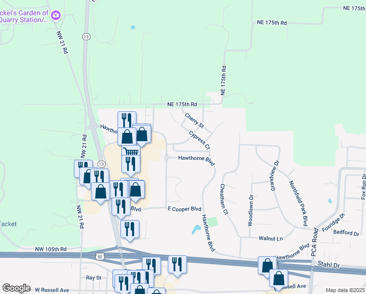 map of restaurants, bars, coffee shops, grocery stores, and more near 424 Poplar Street in Warrensburg