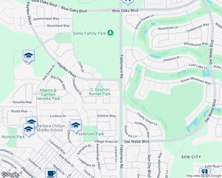 map of restaurants, bars, coffee shops, grocery stores, and more near 2545 Rockrose Circle in Roseville