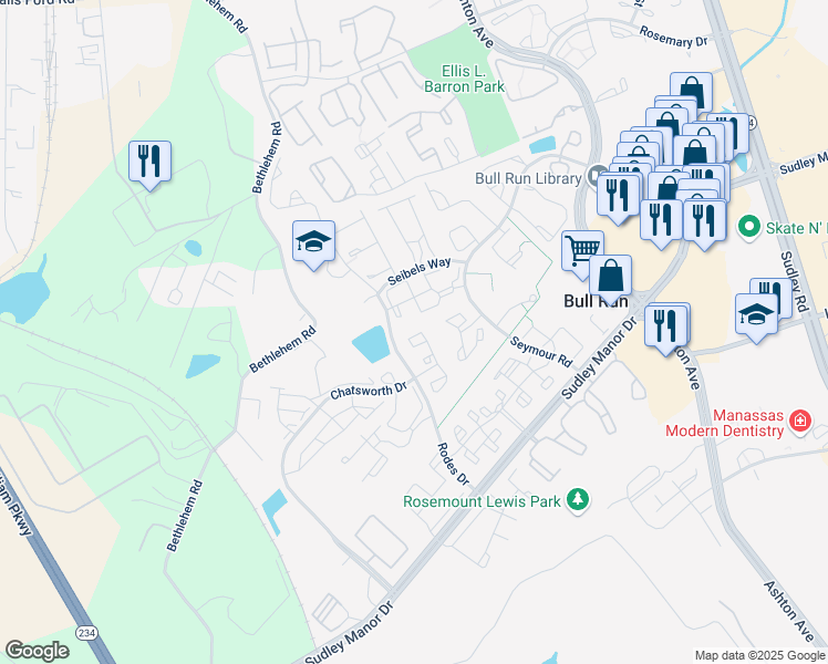 map of restaurants, bars, coffee shops, grocery stores, and more near 8083 Lacy Drive in Manassas
