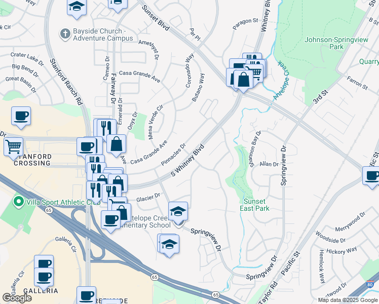 map of restaurants, bars, coffee shops, grocery stores, and more near 2605 S Whitney Blvd in Rocklin