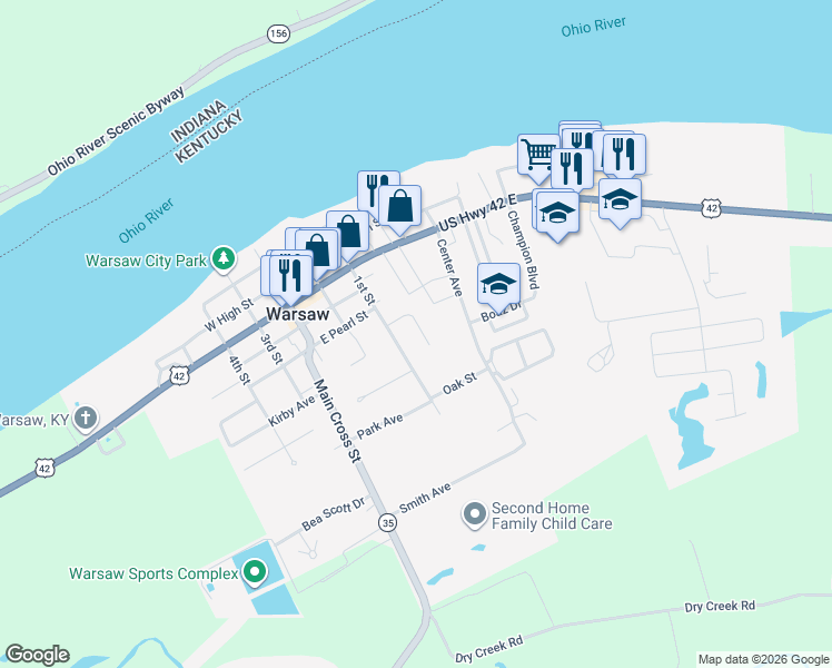 map of restaurants, bars, coffee shops, grocery stores, and more near 103 Weldon Way in Warsaw