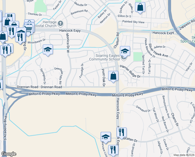map of restaurants, bars, coffee shops, grocery stores, and more near 3420 Galleria Terrace in Colorado Springs