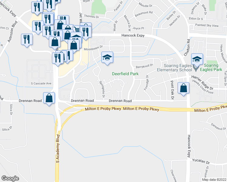 map of restaurants, bars, coffee shops, grocery stores, and more near 4230 Drennan Road in Colorado Springs