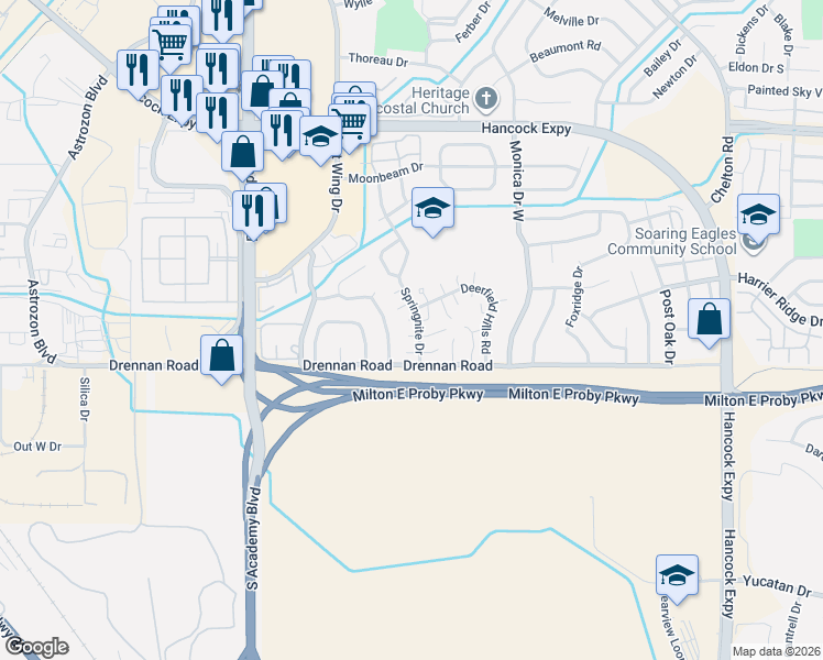 map of restaurants, bars, coffee shops, grocery stores, and more near 3468 Springnite Drive in Colorado Springs