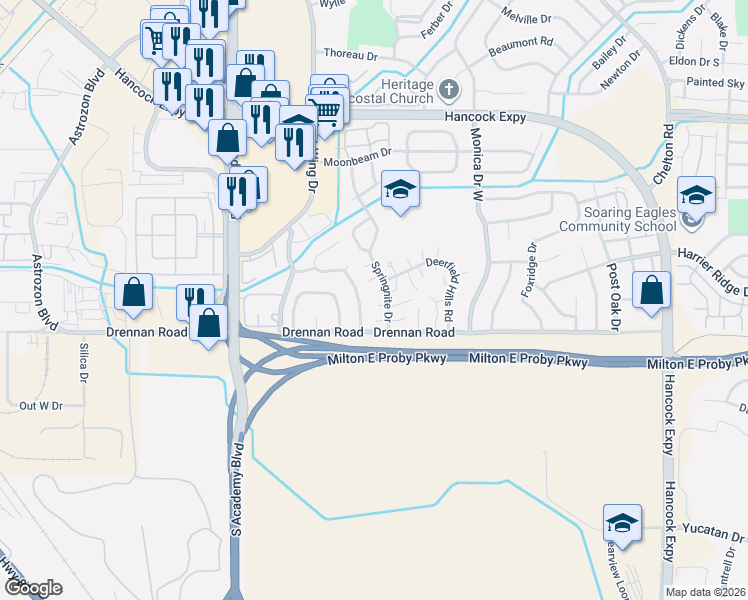 map of restaurants, bars, coffee shops, grocery stores, and more near 3468 Springnite Drive in Colorado Springs