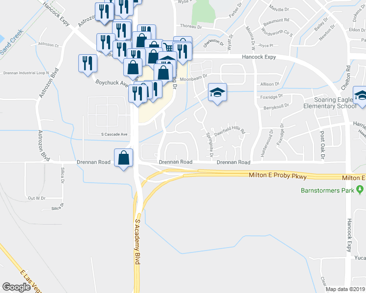 map of restaurants, bars, coffee shops, grocery stores, and more near 3450 Colony Hills Lane in Colorado Springs