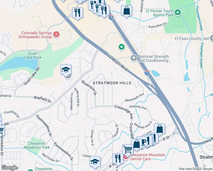 map of restaurants, bars, coffee shops, grocery stores, and more near in Stratmoor