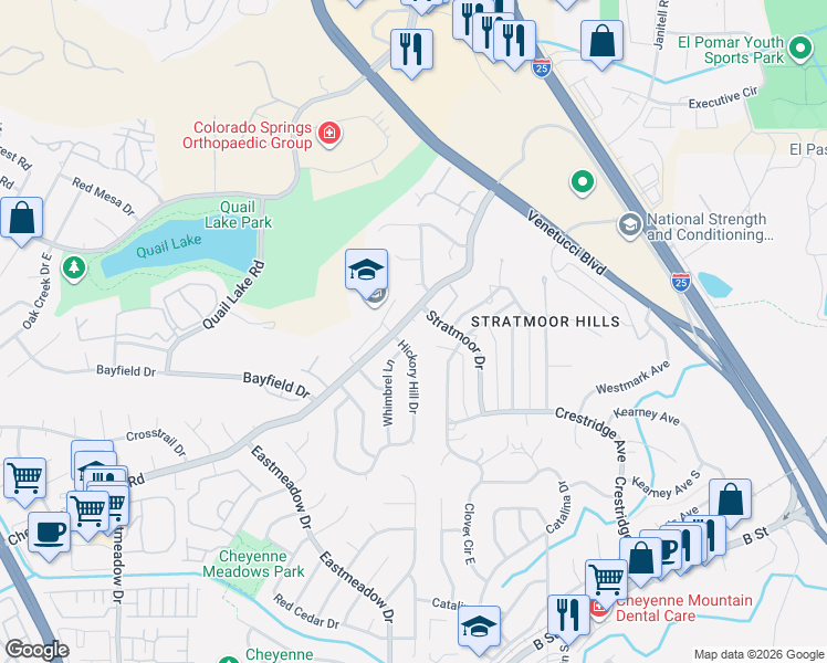 map of restaurants, bars, coffee shops, grocery stores, and more near 200 Stratmoor Drive in Colorado Springs