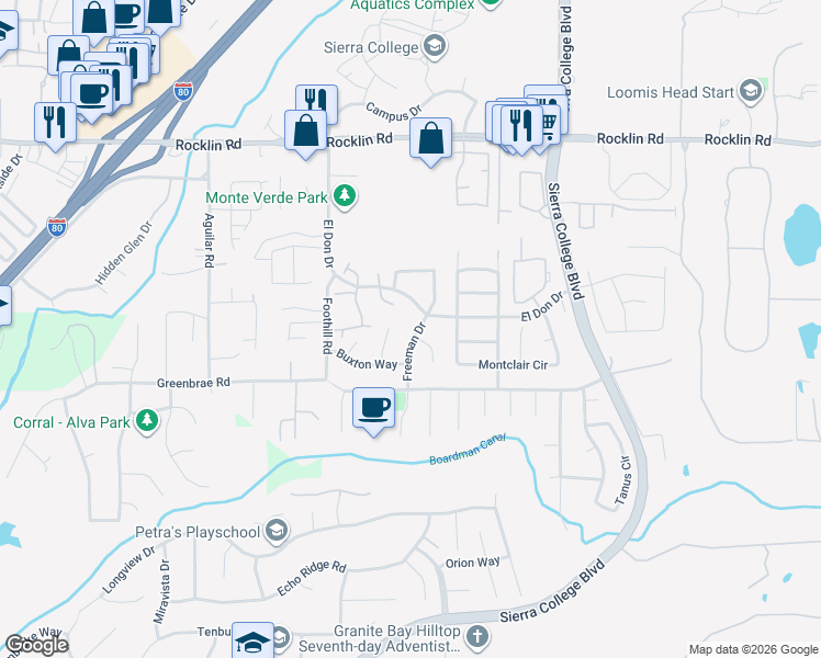 map of restaurants, bars, coffee shops, grocery stores, and more near 5616 Freeman Drive in Rocklin