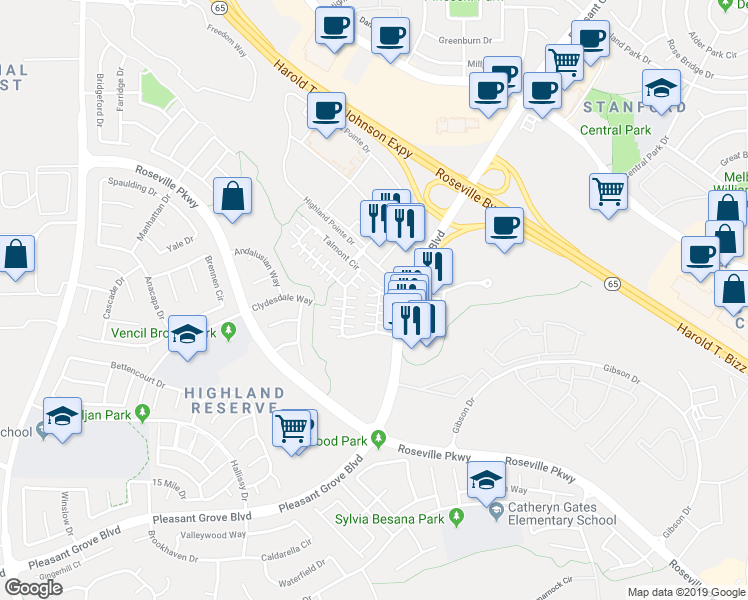 map of restaurants, bars, coffee shops, grocery stores, and more near 37 Villa Gardens Court in Roseville