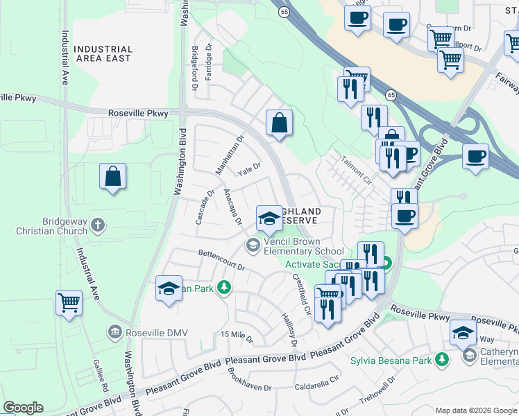map of restaurants, bars, coffee shops, grocery stores, and more near 341 Brennen Circle in Roseville