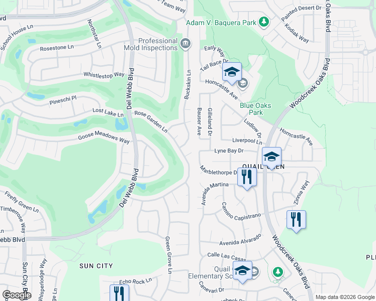 map of restaurants, bars, coffee shops, grocery stores, and more near 6245 Rose Garden Lane in Roseville