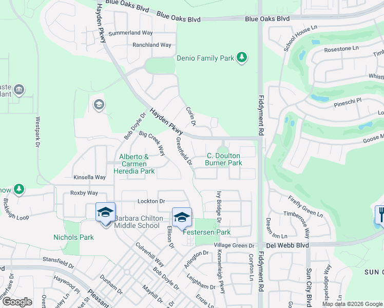 map of restaurants, bars, coffee shops, grocery stores, and more near 2157 Greatfield Drive in Roseville
