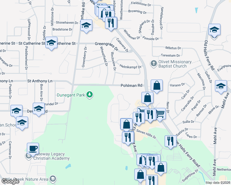 map of restaurants, bars, coffee shops, grocery stores, and more near 11867 Seven Hills Drive in Florissant