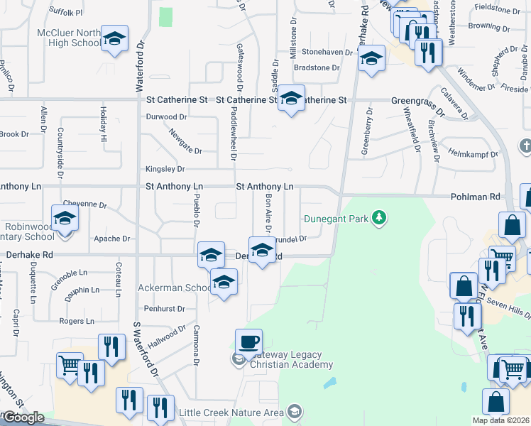 map of restaurants, bars, coffee shops, grocery stores, and more near 155 Bon Aire Drive in Florissant