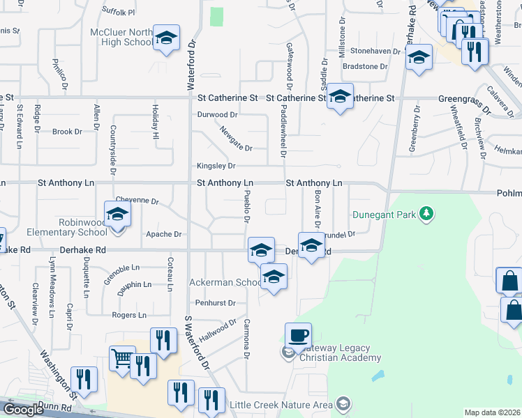 map of restaurants, bars, coffee shops, grocery stores, and more near 1538 Saddlegate Court in Florissant