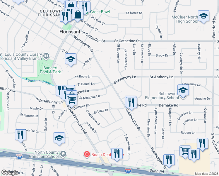 map of restaurants, bars, coffee shops, grocery stores, and more near 1750 Washington Street in Florissant