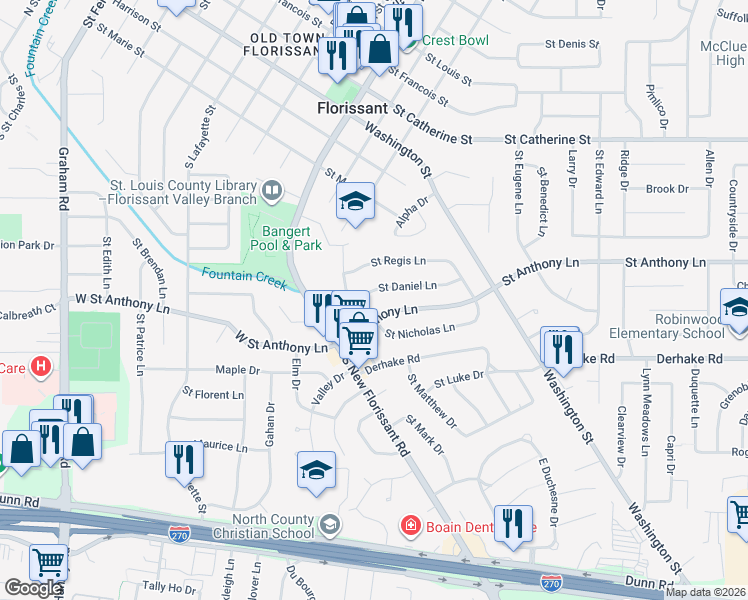 map of restaurants, bars, coffee shops, grocery stores, and more near 135 Saint Anthony Lane in Florissant