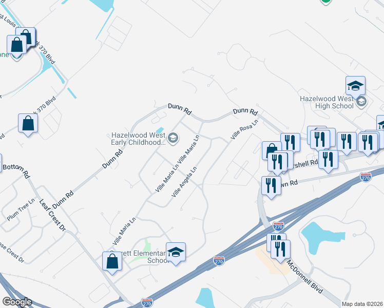 map of restaurants, bars, coffee shops, grocery stores, and more near 5330 Ville Maria Lane in Hazelwood