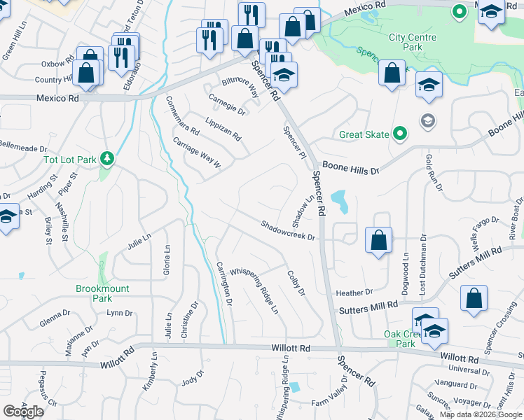 map of restaurants, bars, coffee shops, grocery stores, and more near 31 Shadowcreek Drive in St. Peters