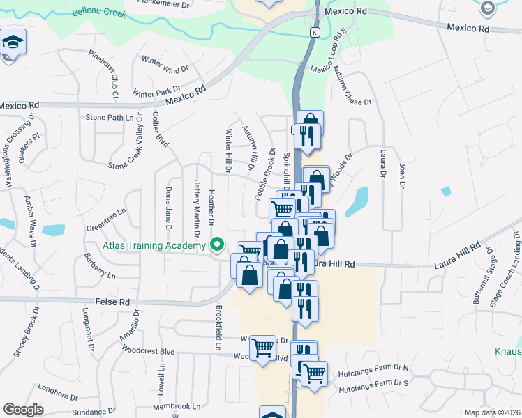 map of restaurants, bars, coffee shops, grocery stores, and more near 1933 Springhill Drive in O'Fallon
