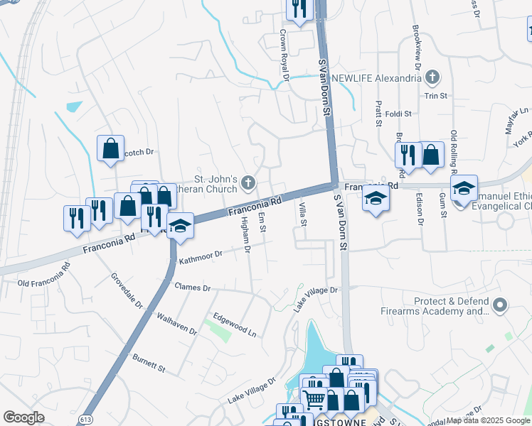 map of restaurants, bars, coffee shops, grocery stores, and more near 6201 Em Street in Alexandria